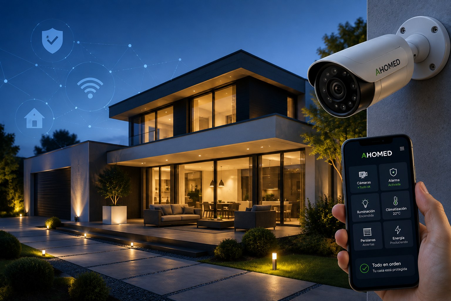 Home with AHOMED automation and security: outdoor IP camera and mobile control app