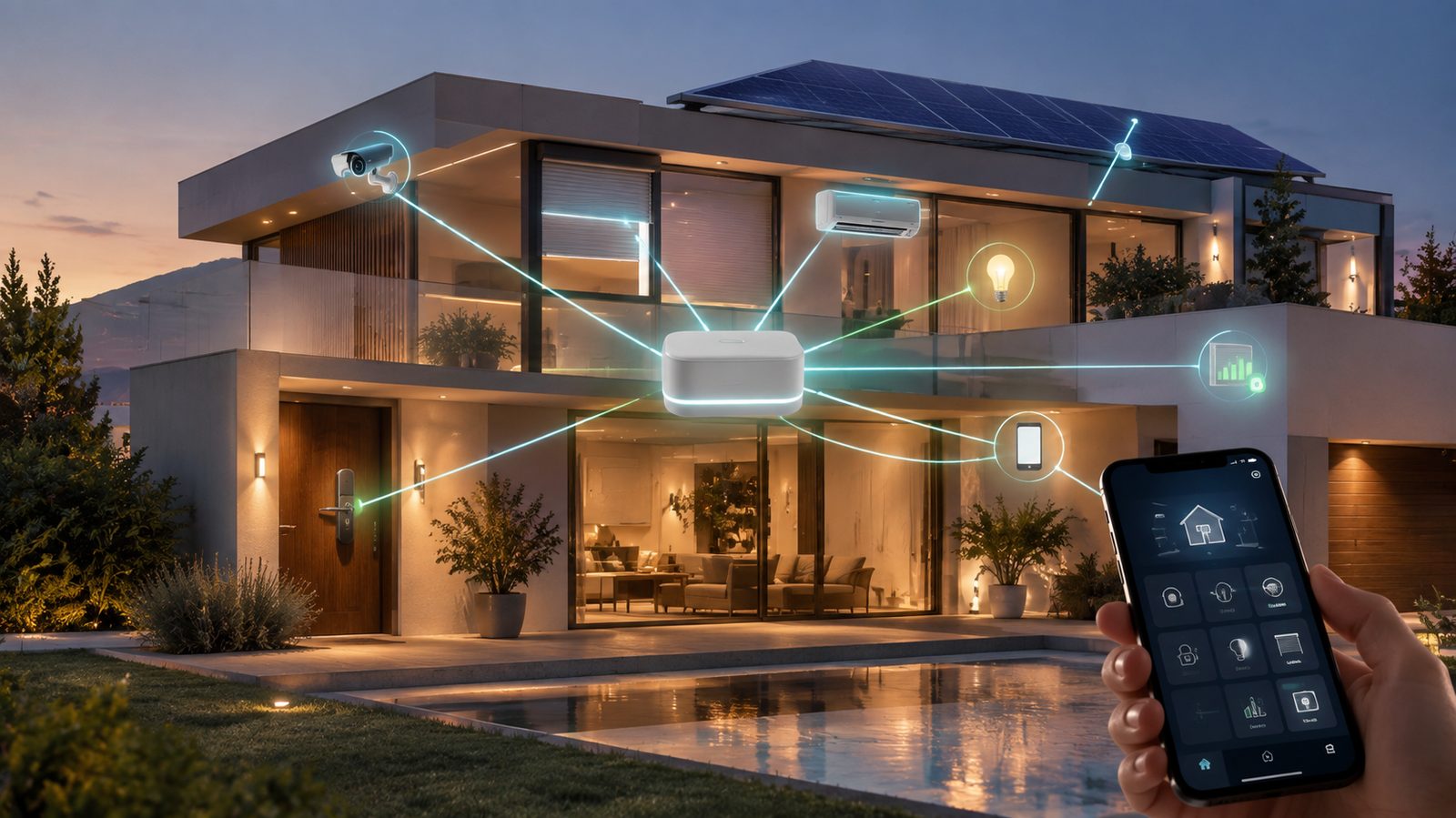 AHOMED Brain's Central AI Mini-PC coordinating camera, climate, lights, mobile app and home energy use