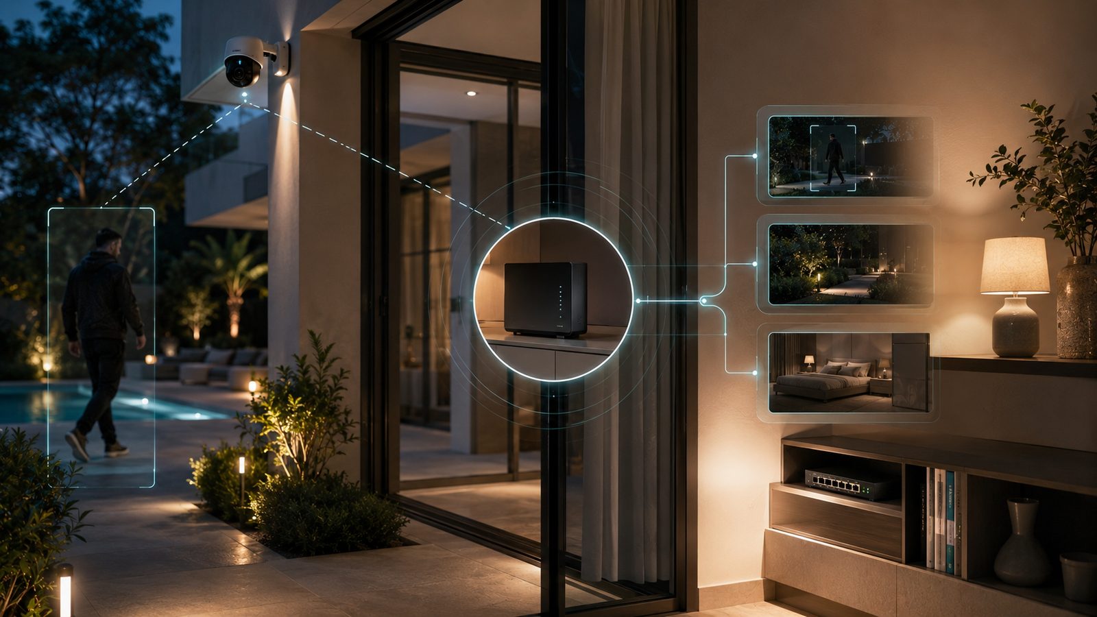 Camera analysis happens on the mini-PC inside the home, not in the cloud: local detection distributed across the different areas of the house