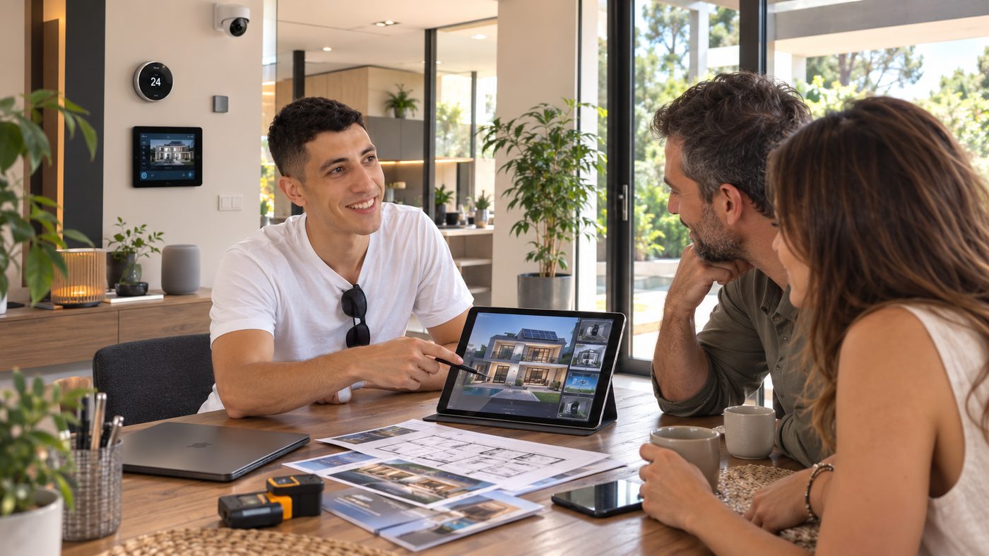 On-site technical visit: reviewing the project with a floor plan and quote on a tablet