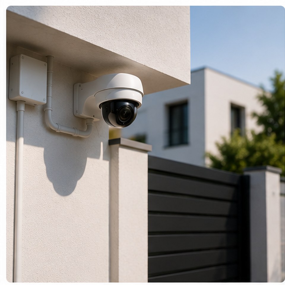 Outdoor security camera over a house fence — AHOMED AI-Secured Home Pack