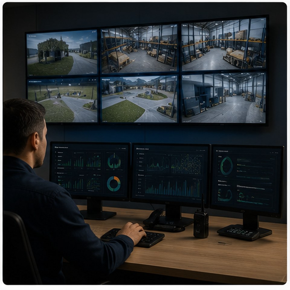 Control room with camera monitoring and AI dashboard — AHOMED AI Security Pack for Businesses